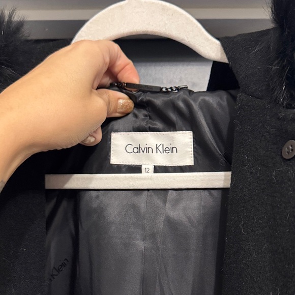 Calvin Klein Black Wool Coat - fox Fur trim hood size 12 / L (best for Tall) - Picture 4 of 12